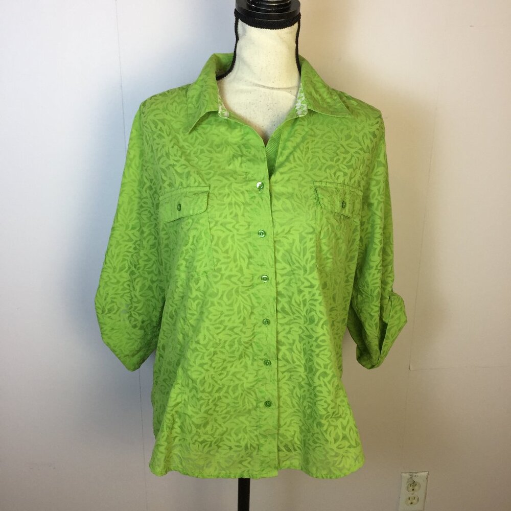 Coldwater Creek Button Up Shirt Top Sz L Womans Green Floral 3/4 Roll Tab Sleeve